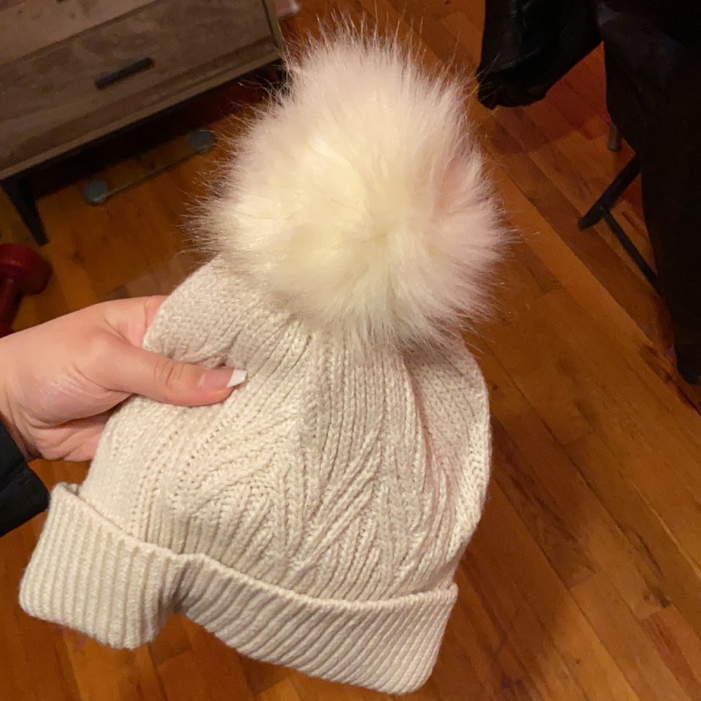 Ivory furry beanie hat for women